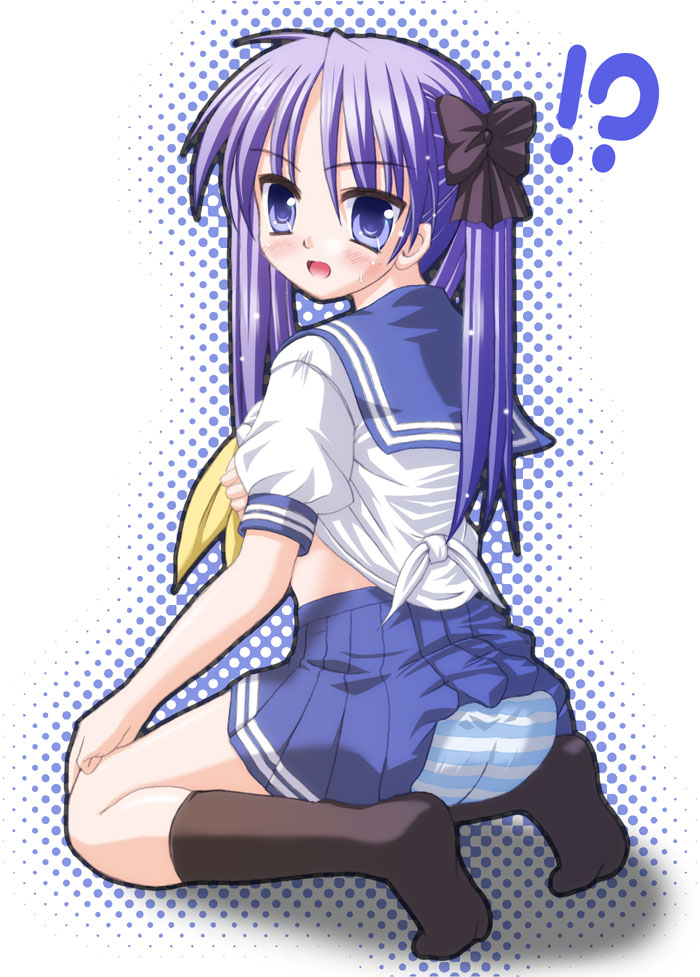 ibe (modakan), hiiragi kagami, lucky star, 00s, 1girl, blue eyes, blue hair, female focus, matching hair/eyes, panties, school uniform, serafuku, solo, striped clothes, striped panties, underwear