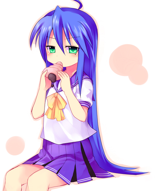 subaru (yachika), izumi konata, lucky star, 00s, 1girl, blue hair, blue sailor collar, chocolate cornet, female focus, food, green eyes, mole, mole under eye, sailor collar, school uniform, serafuku, solo