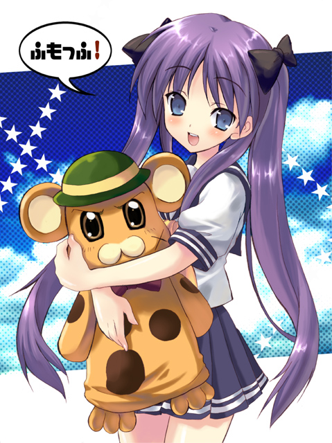 kyogoku shin, bonta-kun, hiiragi kagami, full metal panic!, lucky star, >:3, 00s, 1girl, :3, :d, blue eyes, blue hair, blue sailor collar, blush, brown eyes, character doll, cowboy shot, crossover, doll, female focus, hair ornament, long hair, looking at viewer, matching hair/eyes, open mouth, purple hair, sailor collar, scar, school uniform, serafuku, skirt, smile, solo, star (symbol), stuffed toy, twintails, v-shaped eyebrows, very long hair