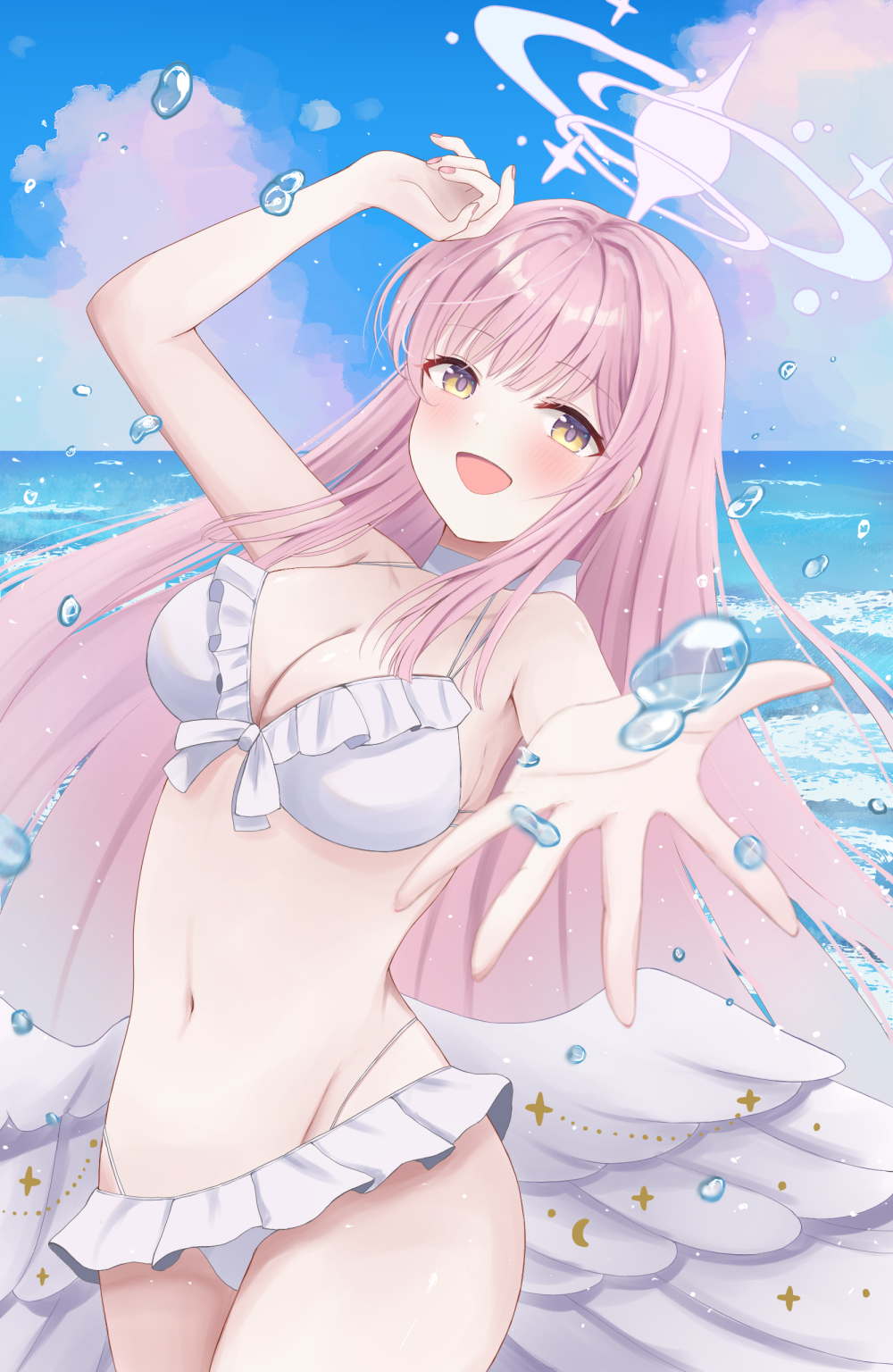 a ekoa, mika (blue archive), mika (swimsuit) (blue archive), blue archive, highres, angel wings, bikini, blush, breasts, cleavage, collarbone, feathered wings, frilled bikini, frills, halo, long hair, looking at viewer, low wings, medium breasts, navel, official alternate costume, official alternate hairstyle, open mouth, pink hair, pink halo, reaching, reaching towards viewer, smile, stomach, swimsuit, very long hair, wing ornament, wings, yellow eyes