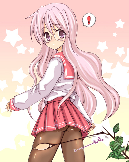 yunico, takara miyuki, lucky star, 00s, 1girl, ass, female focus, glasses, pantyhose, pink hair, purple eyes, school uniform, serafuku, solo, torn clothes, torn pantyhose, truth