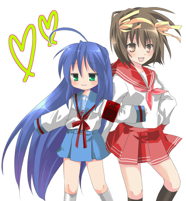 hizu, ichiya (obey), hirano aya, izumi konata, suzumiya haruhi, lucky star, suzumiya haruhi no yuuutsu, 2girls, blue hair, brown hair, cosplay, costume switch, crossover, green eyes, heart, long sleeves, mole, mole under eye, multiple girls, school uniform, serafuku, short hair, voice actor connection