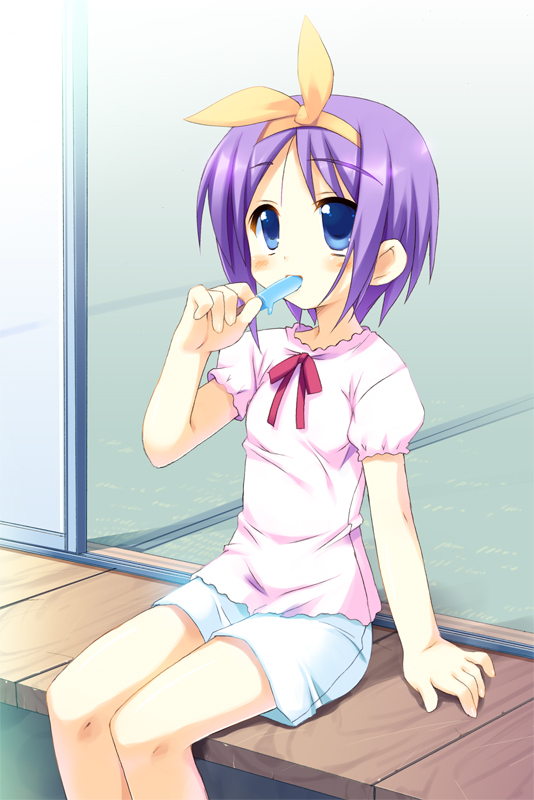 meito (maze), hiiragi tsukasa, lucky star, 00s, 1girl, blue eyes, blue hair, female focus, food, matching hair/eyes, popsicle, porch, sexually suggestive, solo, veranda