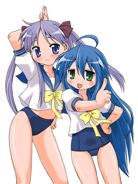 yuuki akira, hiiragi kagami, izumi konata, lucky star, 00s, 2girls, blue eyes, blue hair, buruma, green eyes, mole, mole under eye, multiple girls, no pants, one-piece swimsuit, school swimsuit, school uniform, serafuku, swimsuit, swimsuit under clothes