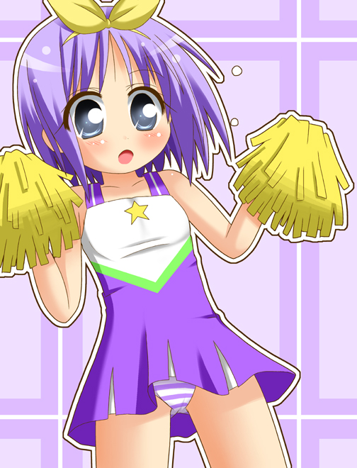 minami (colorful palette), hiiragi tsukasa, lucky star, 00s, blue eyes, blue hair, cheerleader, panties, pom pom (cheerleading), solo, striped clothes, striped panties, underwear