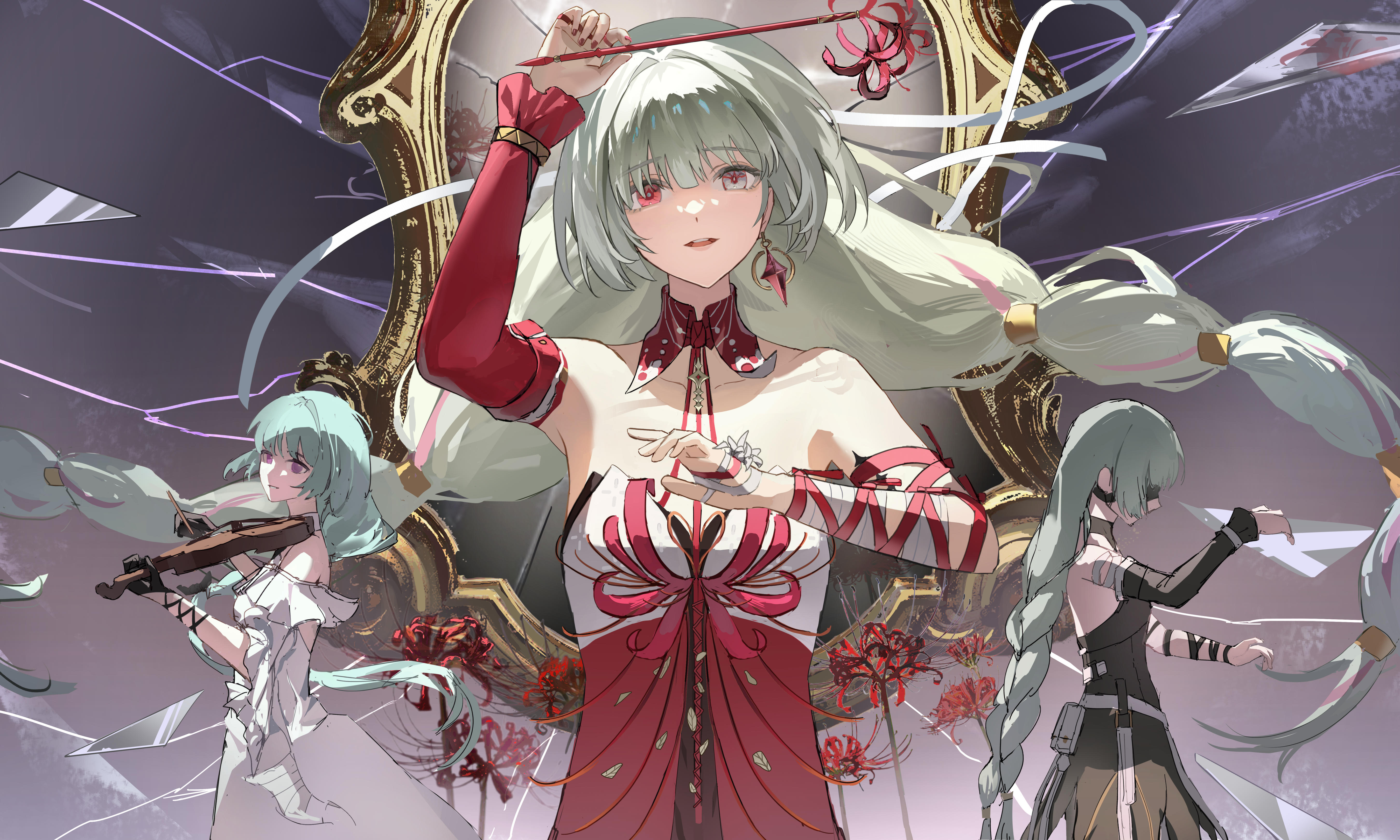 zhongyuanqing, phrolova (wuthering waves), wuthering waves, absurdres, highres, 1girl, arm up, bandaged arm, bandages, black dress, black gloves, braid, breasts, broken glass, collarbone, detached sleeves, dress, earrings, flower, glass, gloves, grey eyes, grey hair, halter dress, halterneck, heterochromia, holding, holding flower, instrument, jewelry, long hair, looking at viewer, low twin braids, medium breasts, mirror, missing commentary, multicolored hair, multiple persona, music, nail polish, parted lips, playing instrument, purple eyes, red dress, red eyes, red nails, single detached sleeve, smile, spider lily, streaked hair, twin braids, violin, white dress