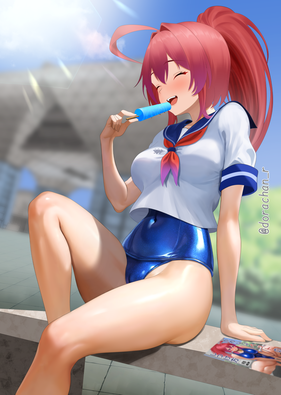 dorachan r, i-168 (kancolle), comiket, kantai collection, commentary request, highres, 1girl, ahoge, bench, blue one-piece swimsuit, blue sailor collar, blush, breasts, cameltoe, closed eyes, covered navel, food, long hair, medium breasts, neckerchief, old school swimsuit, on bench, one-piece swimsuit, open mouth, ponytail, popsicle, red hair, red neckerchief, sailor collar, school swimsuit, shirt, short sleeves, sitting, smile, solo, swimsuit, swimsuit under clothes, thighs, white shirt
