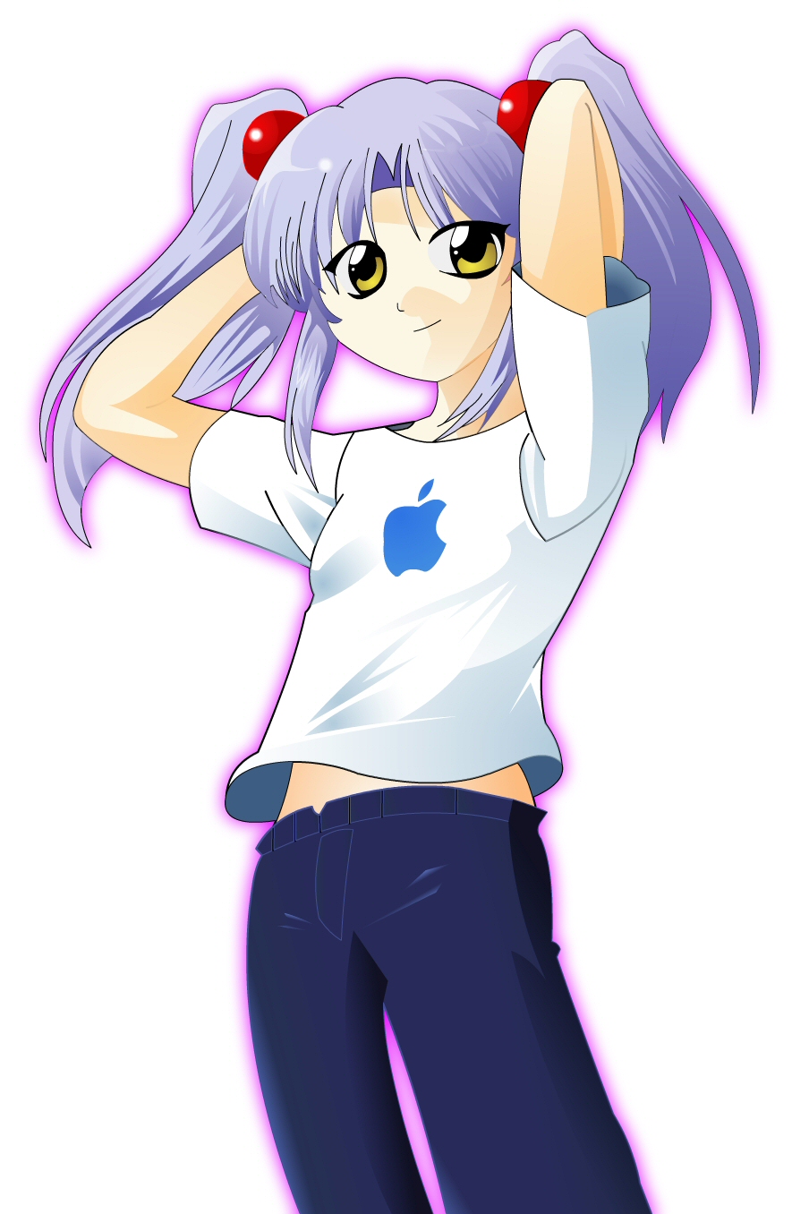 hoshino ruri, apple inc., kidou senkan nadesico, macintosh, derivative work, highres, non-web source, vector trace, 1girl, bad anatomy, blue hair, casual, female focus, midriff, poorly drawn, simple background, solo, twintails, white background, yellow eyes