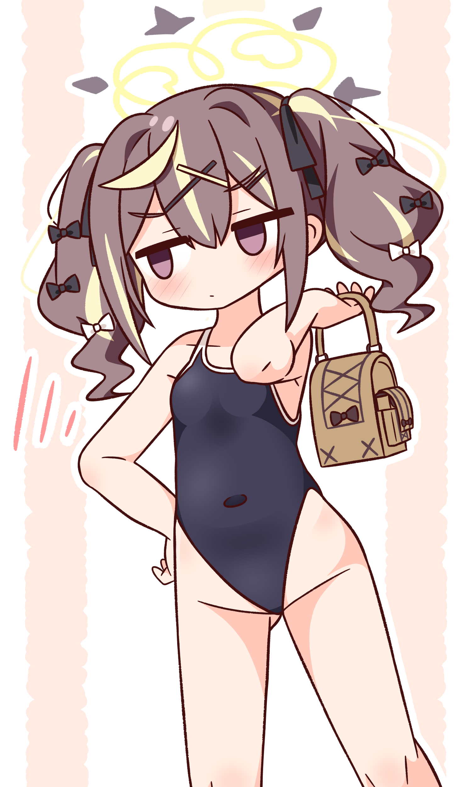 hana kazari, rena (blue archive), blue archive, absurdres, commentary request, highres, 1girl, bag, blush, brown hair, closed mouth, covered navel, cowboy shot, double-parted bangs, gluteal fold, hair between eyes, halo, highleg, highleg one-piece swimsuit, holding, holding bag, long hair, one-piece swimsuit, purple eyes, school swimsuit, solo, swimsuit, twintails, yellow halo