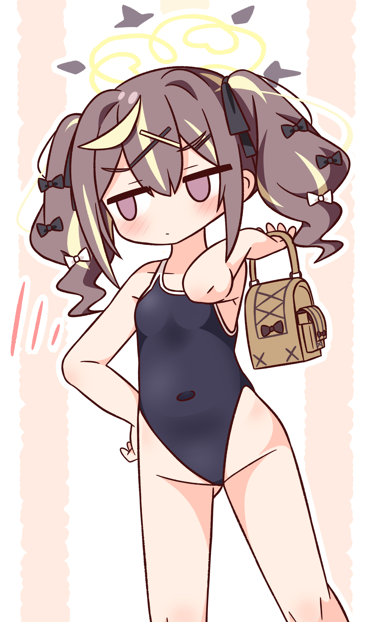hana kazari, rena (blue archive), blue archive, absurdres, commentary request, highres, 1girl, bag, blush, brown hair, closed mouth, covered navel, cowboy shot, double-parted bangs, empty eyes, gluteal fold, hair between eyes, halo, highleg, highleg one-piece swimsuit, holding, holding bag, long hair, one-piece swimsuit, purple eyes, school swimsuit, solo, swimsuit, twintails, yellow halo