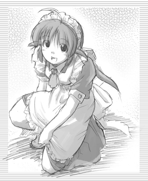 andou mahoro, mahoromatic, 1girl, female focus, full body, maid, monochrome, sketch, solo