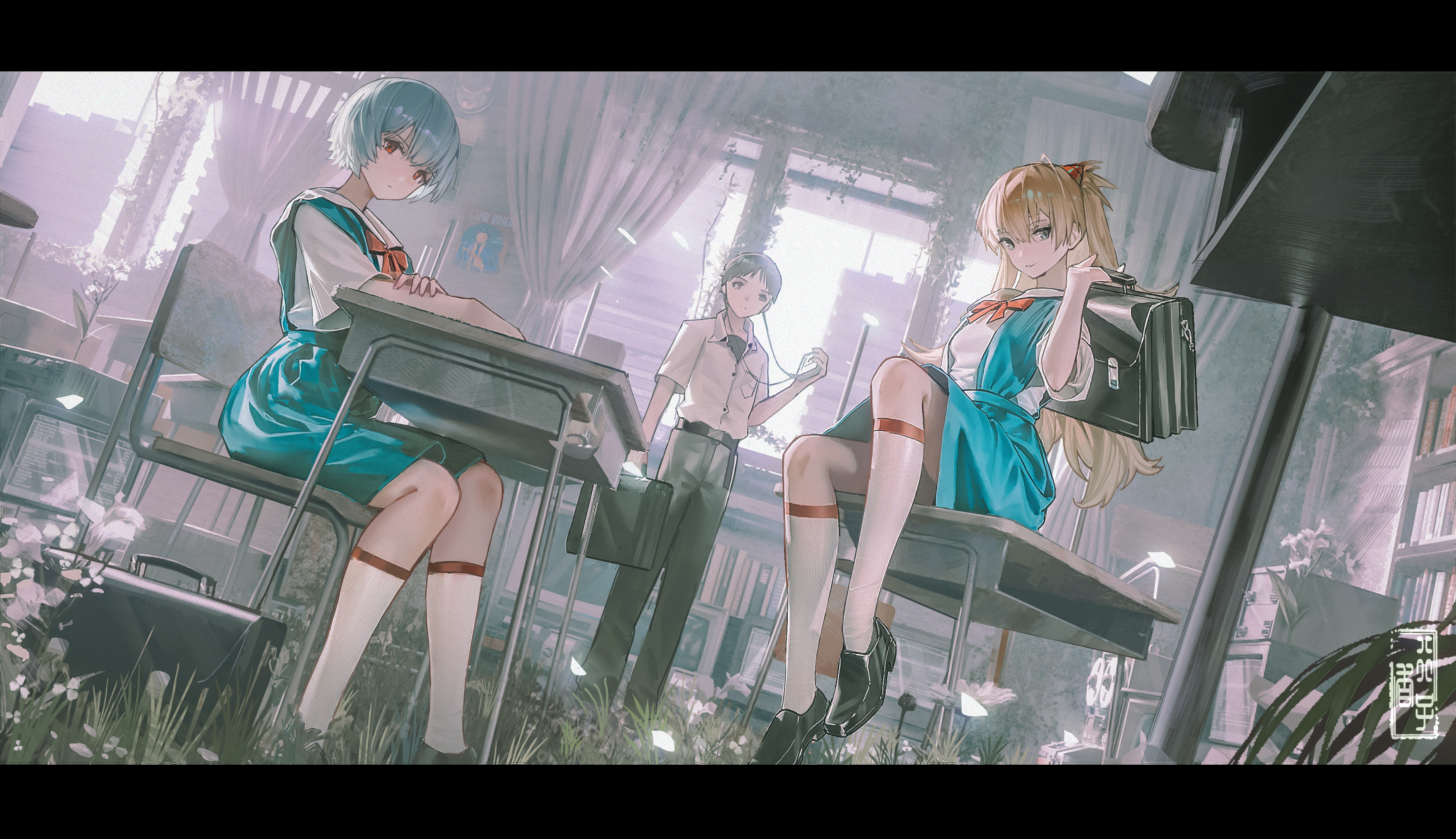 tyhaya, ayanami rei, ikari shinji, souryuu asuka langley, neon genesis evangelion, walkman, absurdres, highres, 1boy, 2girls, arm rest, bag, belt, black bag, black belt, black pants, black shoes, blue eyes, blue hair, blue skirt, bookshelf, bow, bowtie, brown hair, chair, classroom, collared shirt, desk, dutch angle, earbuds, earphones, expressionless, grass, hair ornament, holding, holding bag, indoors, kneehighs, letterboxed, long hair, looking at viewer, multiple girls, on chair, on desk, overgrown, pants, red bow, red bowtie, red eyes, red trim, ruins, school bag, school chair, school desk, school uniform, shirt, shoes, short hair, short sleeves, sitting, skirt, smile, socks, standing, suspender skirt, suspenders, tokyo-3 middle school uniform, undershirt, white shirt, white socks, window