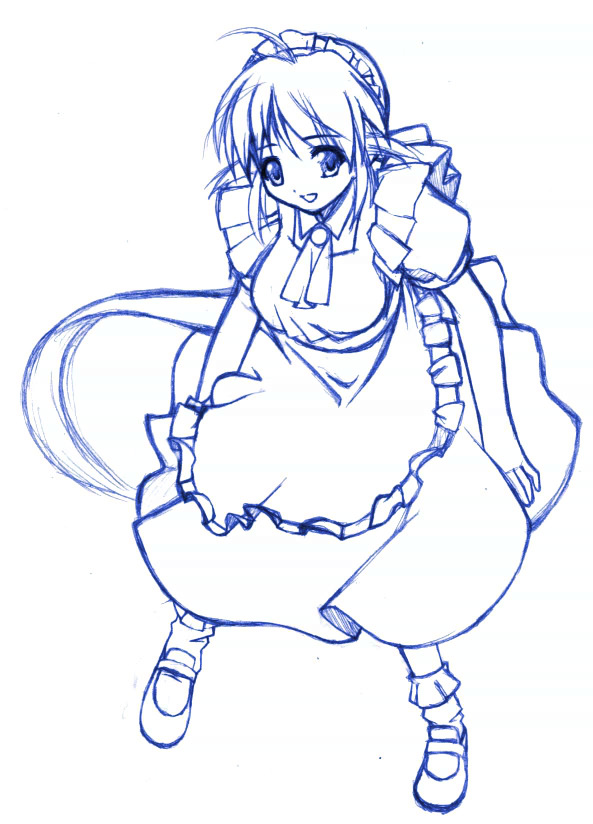 andou mahoro, mahoromatic, 1girl, female focus, full body, maid, monochrome, simple background, sketch, solo
