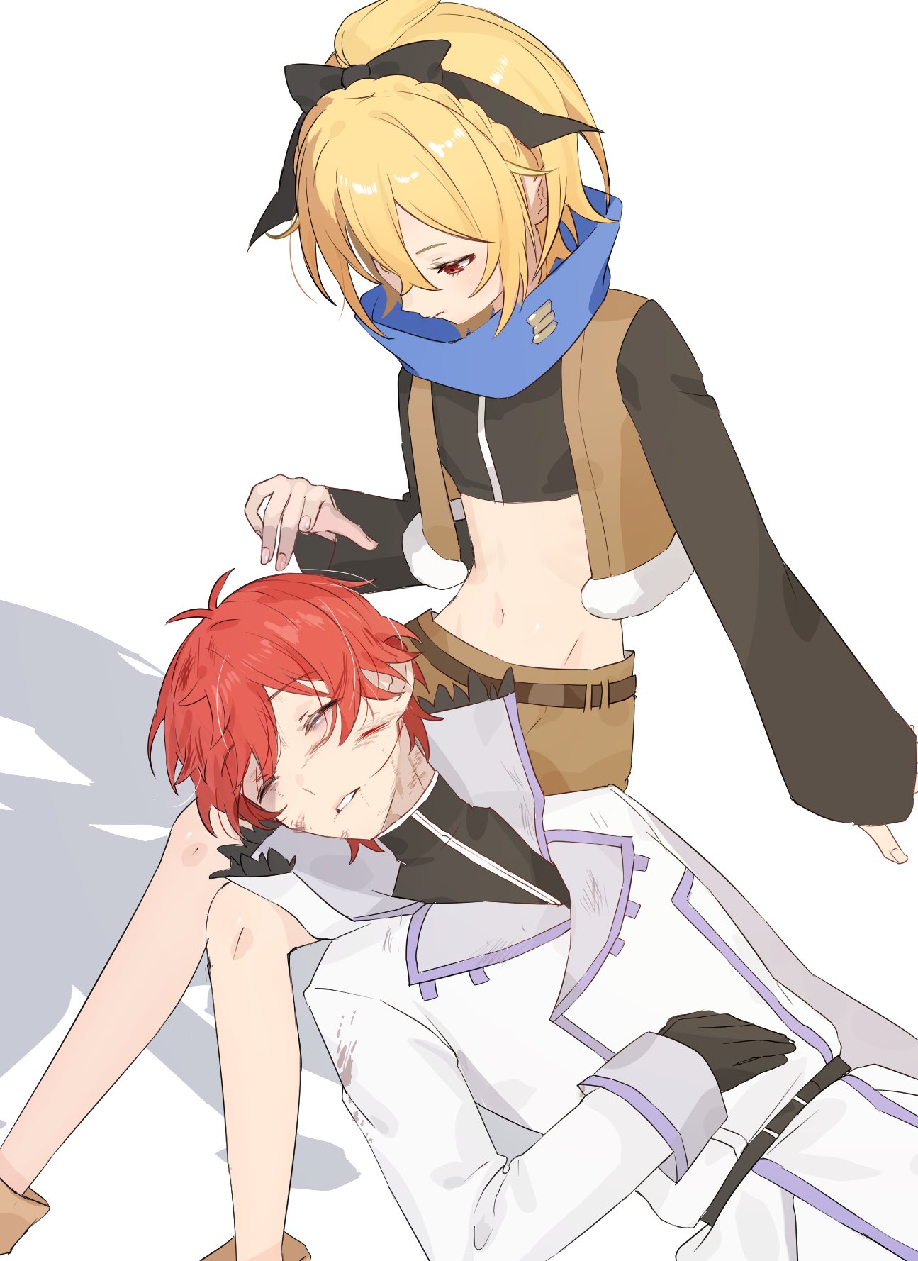 3siyo u, felt (re:zero), reinhard van astrea, re:zero kara hajimeru isekai seikatsu, highres, 1boy, 1girl, belt, blonde hair, blood, blue eyes, blue scarf, bruise, closed eyes, coat, dirt, gloves, hair between eyes, hair ribbon, injury, lap pillow, long sleeves, looking down, lying on lap, medium hair, midriff, navel, red hair, ribbon, scarf, short hair, shorts, sleeveless, unconscious, white background, white coat