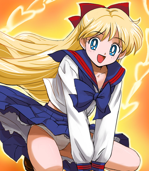 haruyama kazunori, aino minako, bishoujo senshi sailor moon, 1990s (style), 1girl, blonde hair, blue eyes, female focus, panties, retro artstyle, school uniform, serafuku, solo, underwear