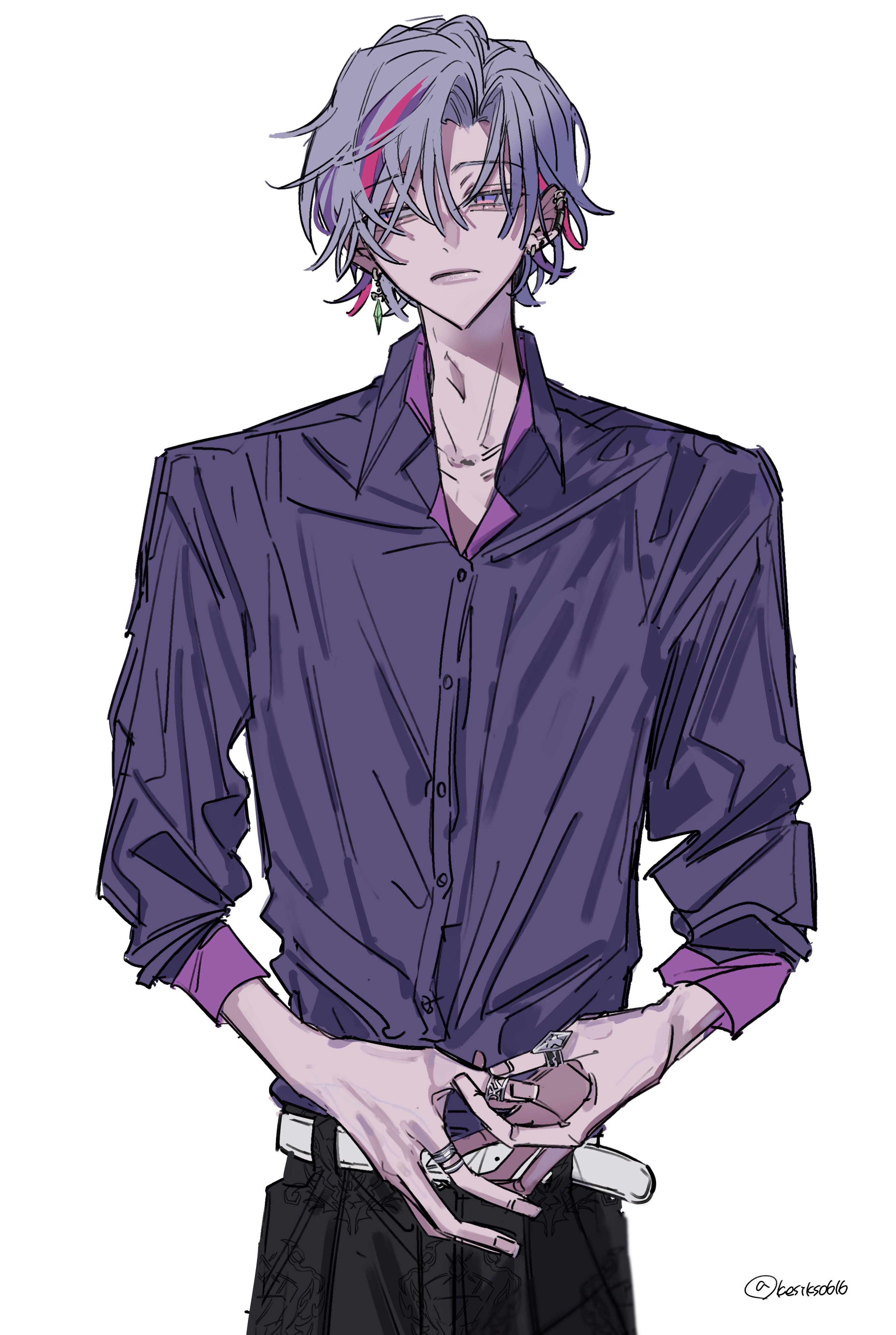 kesiks0616, fuwa minato, nijisanji, absurdres, commentary, highres, symbol-only commentary, 1boy, belt, collared shirt, cowboy shot, dress shirt, jewelry, long sleeves, male focus, multicolored hair, multiple rings, open collar, pants, pink eyes, pink hair, purple hair, ring, shirt, short hair, simple background, sketch, straight-on, streaked hair, twitter username, virtual youtuber, white background