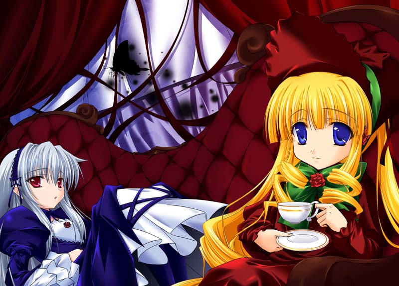 shinku, suigintou, rozen maiden, 00s, blonde hair, blue eyes, red eyes, white hair