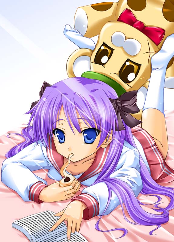 maho (yakimorokoshi), bonta-kun, hiiragi kagami, full metal panic!, lucky star, white legwear, 00s, 1girl, blue eyes, blue hair, chocolate cornet, collarbone, creature, crossover, feet up, female focus, food, full body, long hair, long sleeves, lying, neckerchief, on stomach, pink hair, purple eyes, sailor collar, school uniform, serafuku, smoking pipe, soles, solo