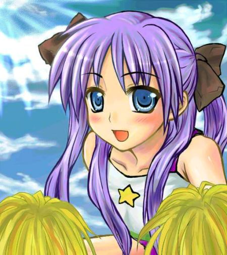yuki mashiro, hiiragi kagami, lucky star, 00s, blue eyes, blue hair, cheerleader, pom pom (cheerleading), solo