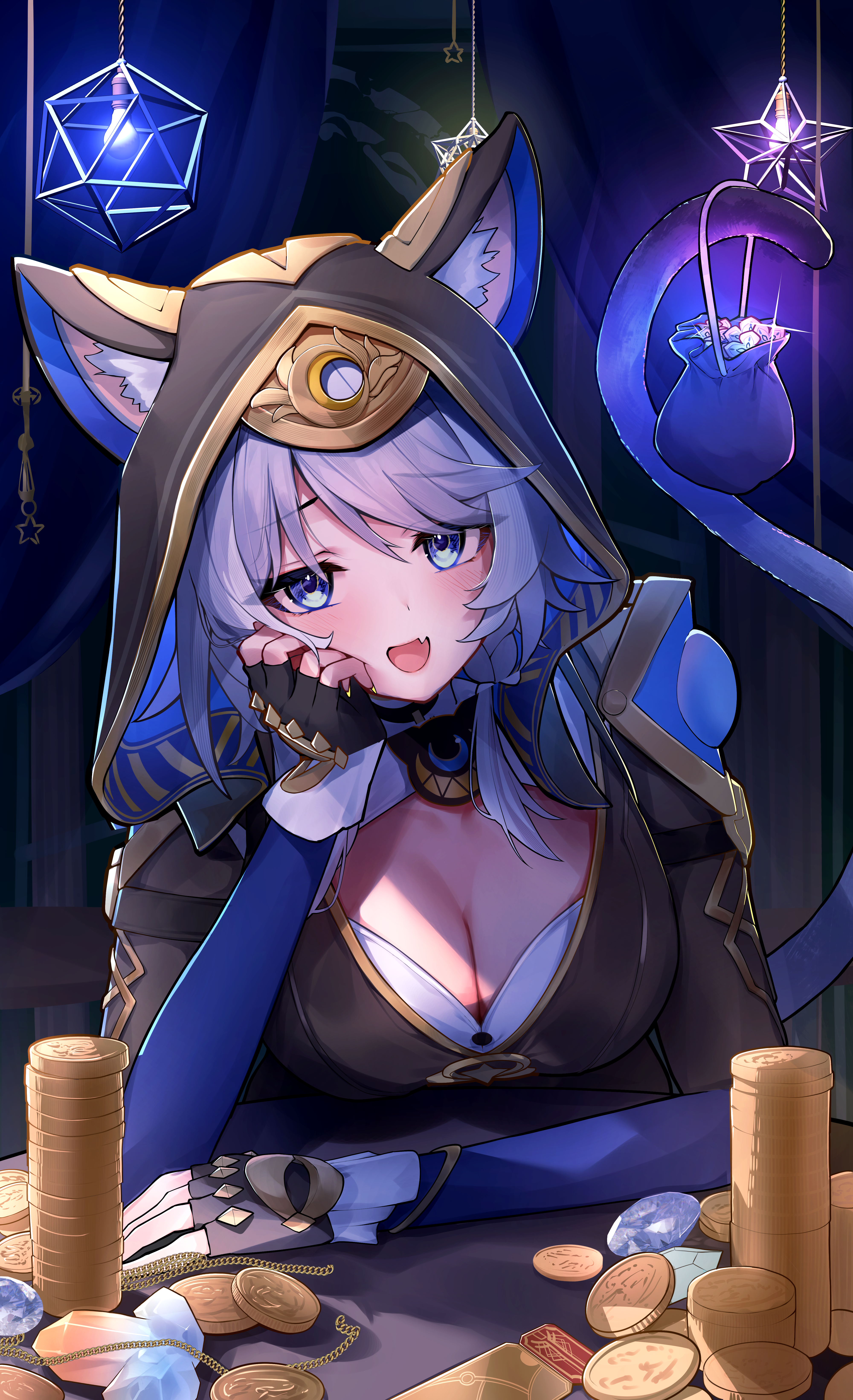 shumai il, cipher (honkai: star rail), honkai: star rail, honkai (series), absurdres, commentary, highres, 1girl, animal ear fluff, animal ears, animal hood, arm rest, bag, black gloves, black leotard, blue eyes, breasts, cat ears, cat girl, cat hood, cat tail, cleavage, coin, fingerless gloves, gloves, gold coin, grey hair, holding, holding bag, holding with tail, hood, hooded leotard, leotard, looking at viewer, open mouth, prehensile tail, short hair with long locks, solo, star rail special pass (honkai: star rail), tail