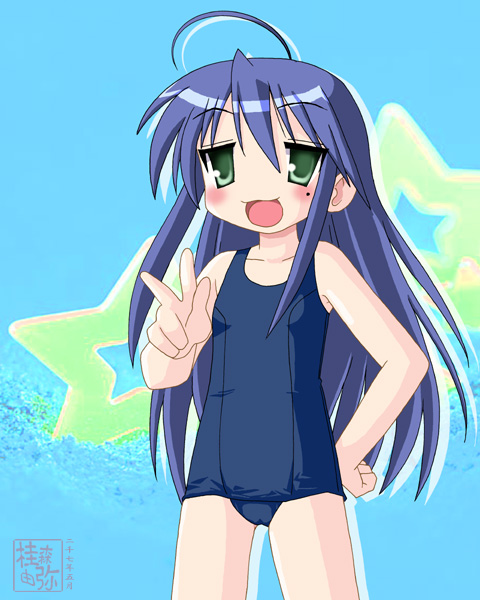 izumi konata, lucky star, 00s, blue hair, green eyes, swimsuit