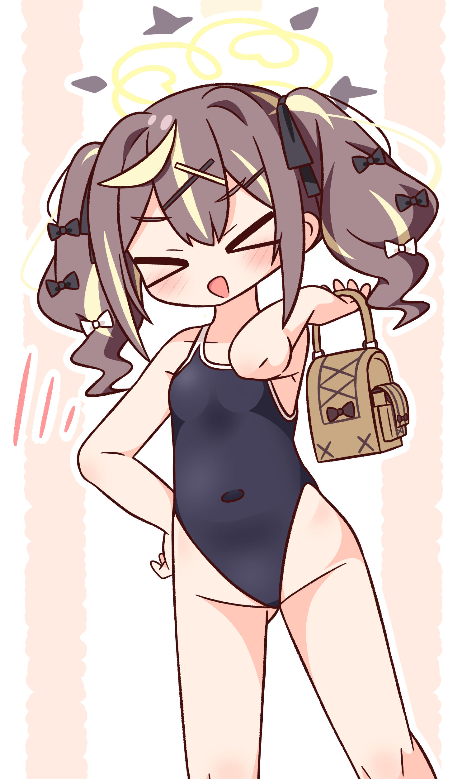 hana kazari, rena (blue archive), blue archive, absurdres, commentary request, highres, > <, 1girl, :d, bag, blush, brown hair, closed eyes, covered navel, cowboy shot, double-parted bangs, gluteal fold, hair between eyes, halo, highleg, highleg one-piece swimsuit, holding, holding bag, long hair, one-piece swimsuit, open mouth, school swimsuit, smile, solo, swimsuit, twintails, xd, yellow halo