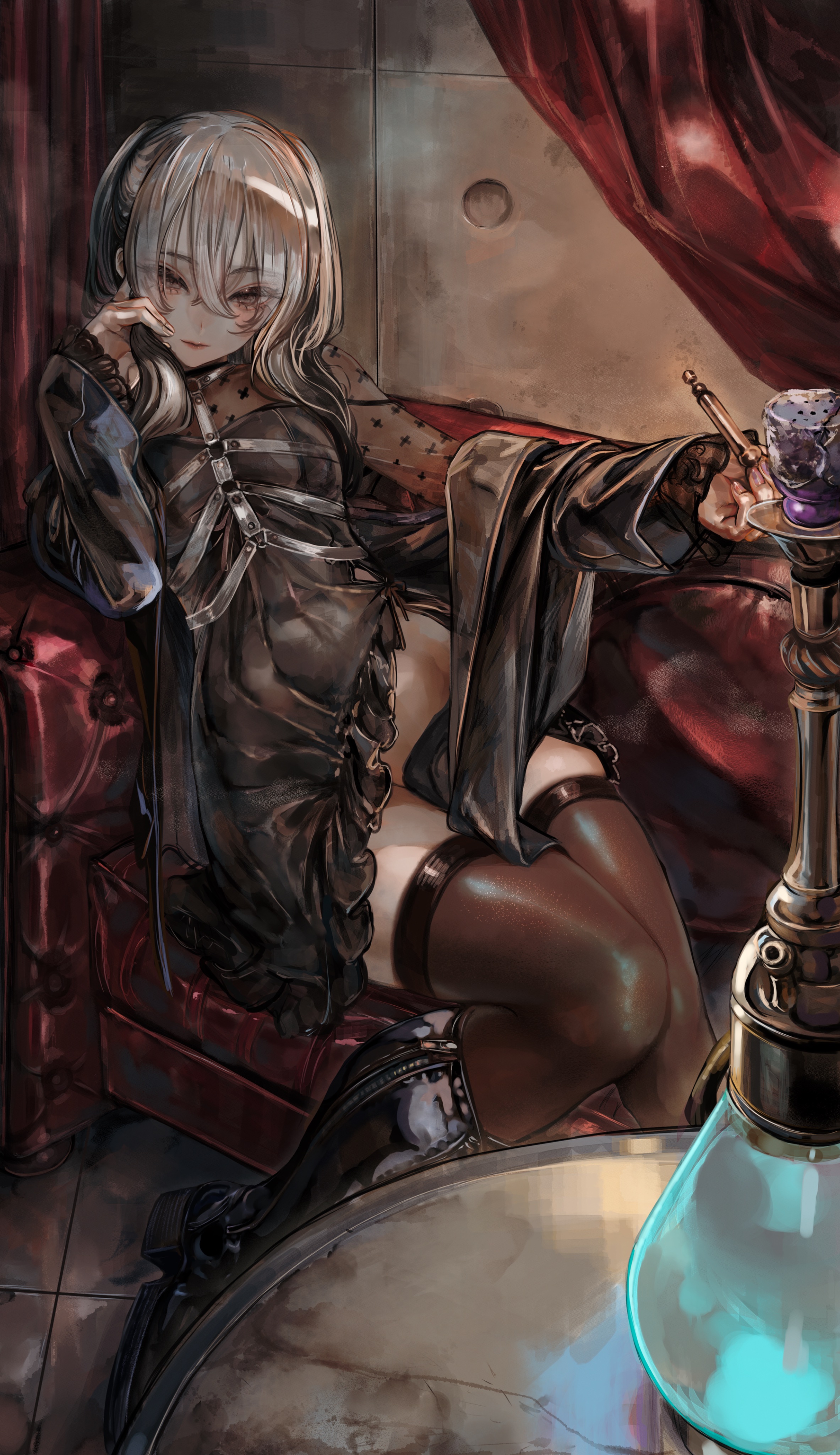 soleil (soleilmtfbwy03), absurdres, character request, copyright request, highres, 1girl, boots, couch, cup, curtains, dress, grey eyes, grey hair, holding, indoors, long sleeves, no panties, on couch, solo, thighhighs