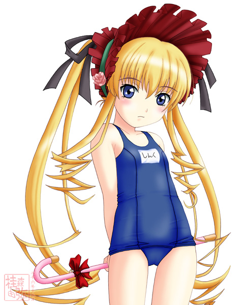shinku, rozen maiden, non-web source, 00s, blonde hair, blue eyes, bonnet, cane, flat chest, long hair, one-piece swimsuit, school swimsuit, solo, swimsuit, twintails
