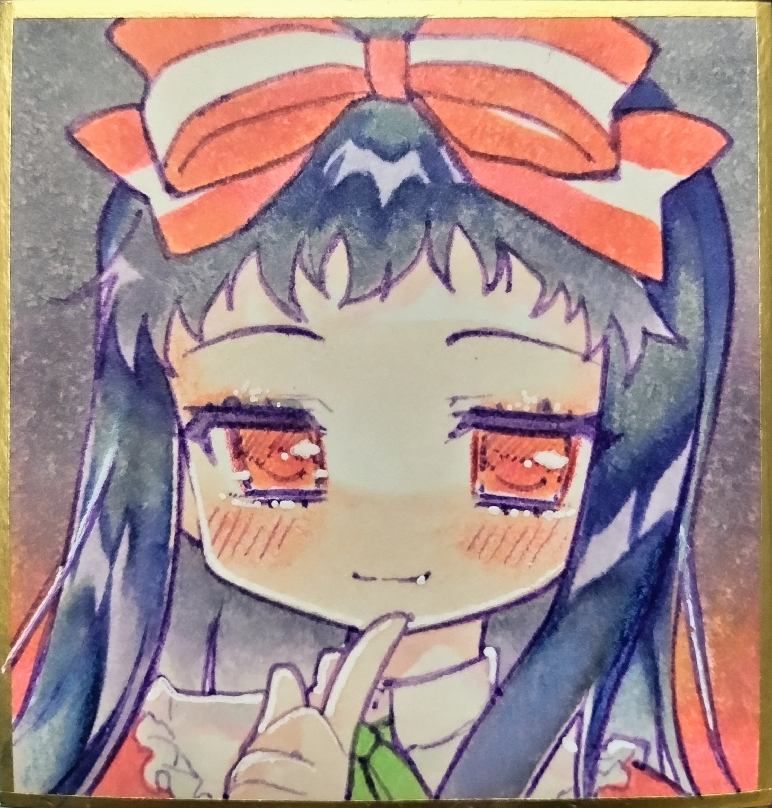 yasonomugi, higanbana (higanbana no saku yoru ni), higanbana no saku yoru ni, absurdres, highres, traditional media, 1girl, black hair, blazer, blush, bow, fang, finger to mouth, green ribbon, hair bow, jacket, long hair, red bow, red eyes, red jacket, ribbon, shushing, solo, striped bow