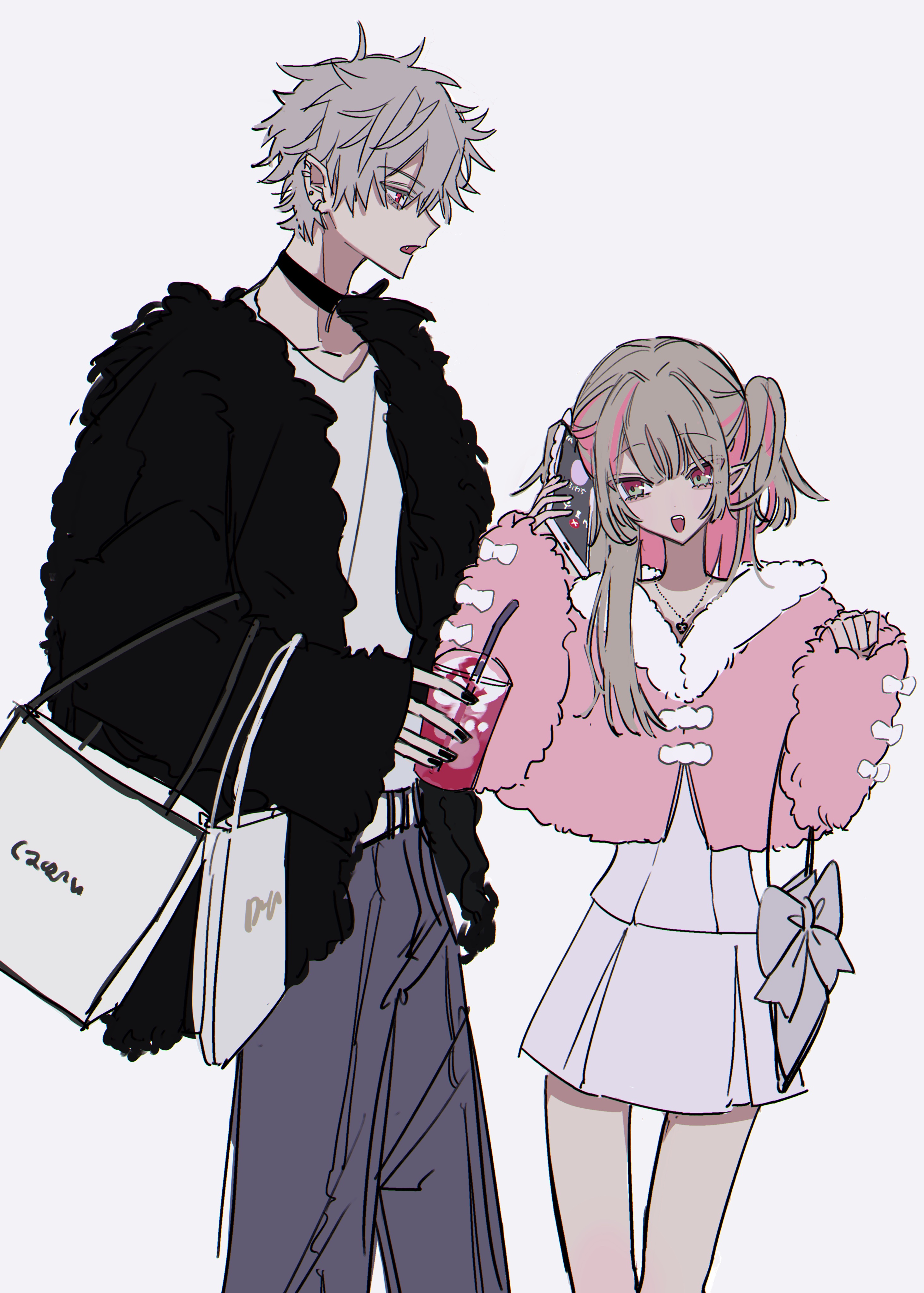 kesiks0616, kuzuha (nijisanji), makaino ririmu, nijisanji, absurdres, commentary request, highres, 1boy, 1girl, bag, brown hair, dress, fur trim, grey hair, hair bun, handbag, holding, jacket, long hair, long sleeves, male focus, multicolored hair, open mouth, pale skin, pants, piercing, pink eyes, pink hair, pink jacket, red eyes, shirt, short hair, simple background, sketch, sleeves past wrists, smile, streaked hair, virtual youtuber, white background, white dress