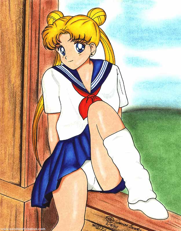 tsukino usagi, bishoujo senshi sailor moon, 1990s (style), blonde hair, blue eyes, panties, school uniform, serafuku, underwear