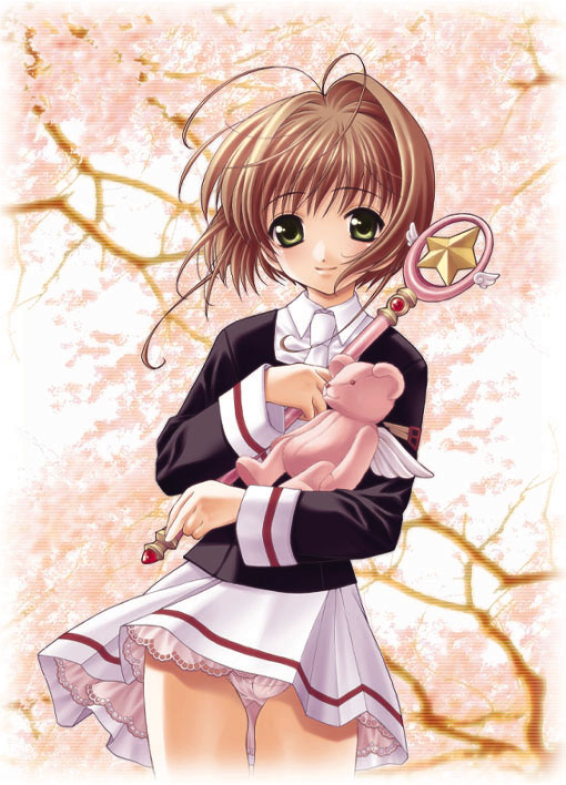 yuuki mitsuru, kinomoto sakura, cardcaptor sakura, cardcaptor sakura clear card arc, artist request, 1990s (style), 1girl, antenna hair, bear, blush, brown hair, cherry blossoms, cowboy shot, female focus, frills, green eyes, hoshi no tsue, loli, magical girl, necktie, panties, pantyshot, petticoat, retro artstyle, scanlines, school uniform, serafuku, short hair, skirt, solo, star (symbol), stuffed animal, stuffed toy, teddy bear, tomoeda middle school uniform, underwear, upskirt, wand, white panties, wind, wind lift, wings