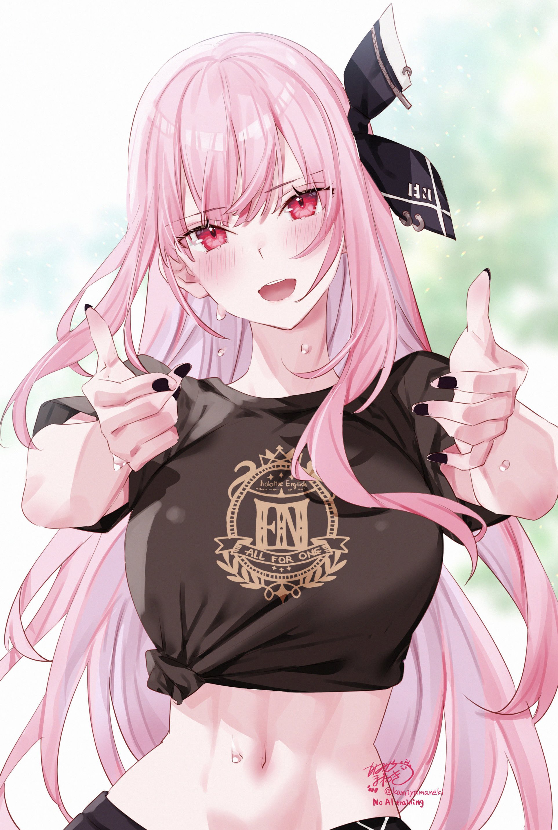 kamiya maneki, mori calliope, hololive, hololive english, absurdres, commentary, english commentary, highres, 1girl, :d, black nails, black ribbon, black shirt, blunt bangs, blurry, blurry background, breasts, hair ribbon, large breasts, long hair, looking at viewer, midriff, nail polish, navel, open mouth, pink eyes, pink hair, print shirt, ribbon, shirt, single sidelock, smile, solo, straight-on, t-shirt, teeth, tied shirt, upper teeth only, very long hair, virtual youtuber
