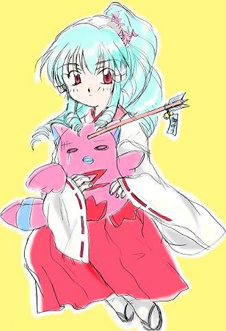 normad, vanilla h, galaxy angel, lowres, tagme, 00s, 1girl, arrow (projectile), female focus, green hair, high ponytail, japanese clothes, long hair, looking at viewer, miko, ponytail, red eyes, simple background, solo, yellow background
