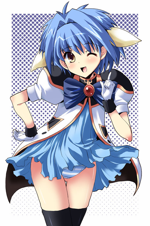 shinshin, mint blancmanche, broccoli (company), galaxy angel, 00s, 1girl, animal ears, black thighhighs, blue hair, blue skirt, brown eyes, female focus, hand on own hip, one eye closed, open mouth, panties, pantyshot, puffy sleeves, short hair, skindentation, skirt, solo, thighhighs, underwear, upskirt, wink, yellow eyes