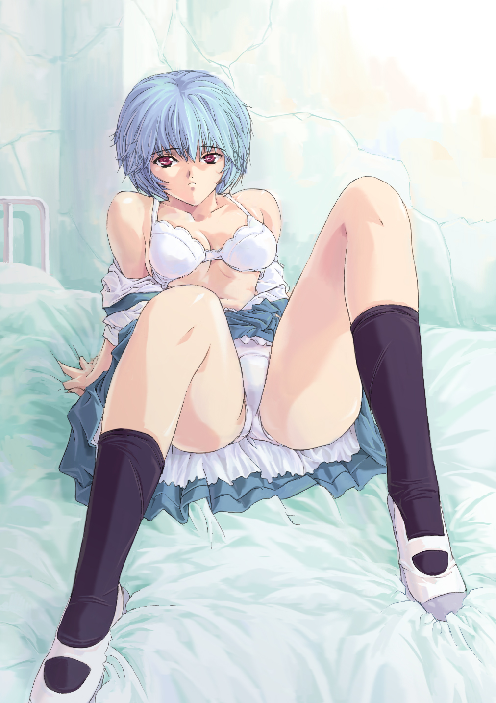 ayanami rei, neon genesis evangelion, highres, blue hair, panties, red eyes, school uniform, serafuku, underwear