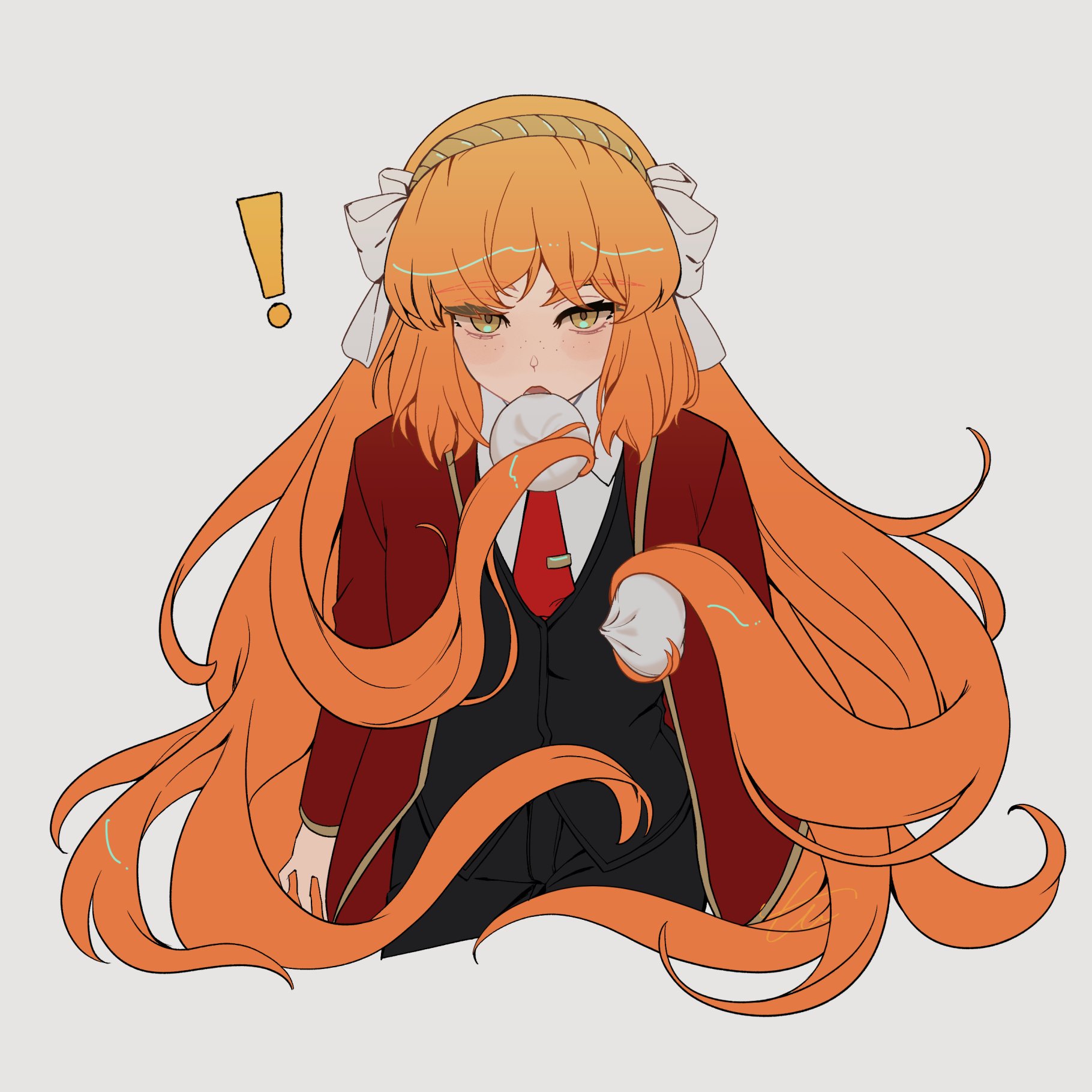 ishmael (project moon), limbus company, project moon, commentary request, highres, !, 1girl, black pants, black vest, blush, bow, brown hairband, collared shirt, food, formal clothes, freckles, green eyes, hair bow, hairband, jacket, long hair, long sleeves, looking at viewer, necktie, open clothes, open jacket, open mouth, orange hair, pants, parted bangs, red jacket, red necktie, shirt, sidelocks, simple background, solo, steamed bun, te4 p0t, tie clip, very long hair, vest, wavy hair, white background, white bow, white shirt