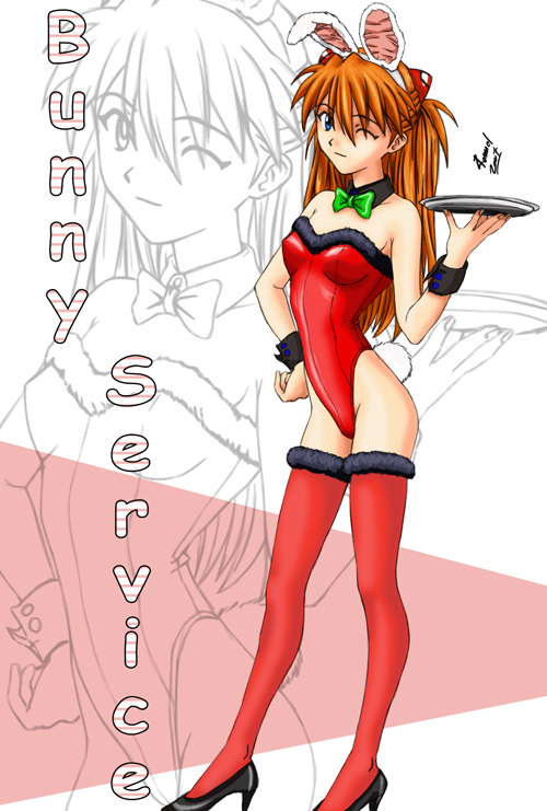 souryuu asuka langley, neon genesis evangelion, 1girl, animal ears, blue eyes, fake animal ears, fake tail, full body, high heels, leotard, one eye closed, playboy bunny, rabbit ears, rabbit tail, red hair, red leotard, shoes, tail, thighhighs, twintails, wink