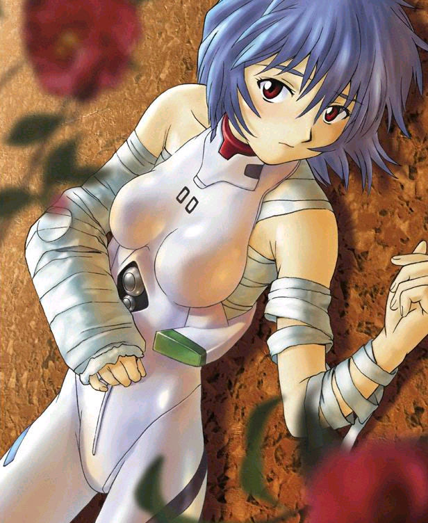 suzuki shunji, ayanami rei, neon genesis evangelion, 1girl, bandages, bare shoulders, blue hair, blurry, bodysuit, depth of field, female focus, flower, lying, mecha pilot suit, plugsuit (evangelion), red eyes, short hair, solo