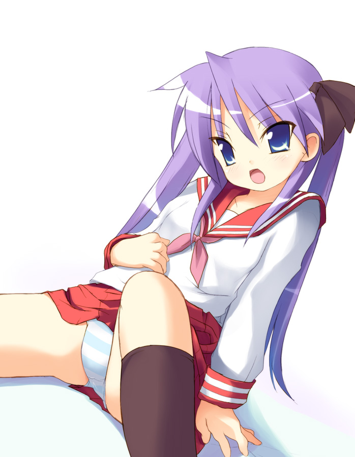 safi, hiiragi kagami, lucky star, 00s, blue eyes, blue hair, panties, school uniform, serafuku, solo, striped clothes, striped panties, underwear