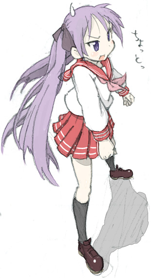 type?, hiiragi kagami, lucky star, 00s, 1girl, blue eyes, blue hair, blush, female focus, kneehighs, long hair, matching hair/eyes, open mouth, purple eyes, purple hair, school uniform, serafuku, socks, solo, standing, sweatdrop, very long hair
