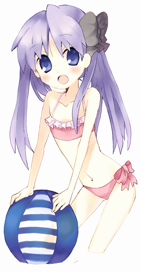mozu (modagoro), hiiragi kagami, lucky star, 00s, :o, ball, beachball, bikini, blue eyes, blue hair, blush, flat chest, leaning forward, long hair, midriff, open mouth, pink bikini, purple eyes, purple hair, solo, swimsuit, twintails, wading, water