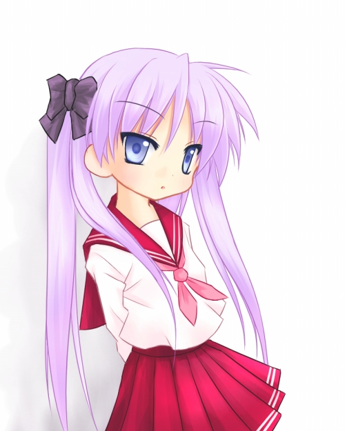 yuizaki hizumi, hiiragi kagami, lucky star, 00s, 1girl, blue eyes, blue hair, female focus, gradient background, hair ribbon, matching hair/eyes, pleated skirt, purple hair, ribbon, school uniform, serafuku, simple background, skirt, solo, tsurime, twintails