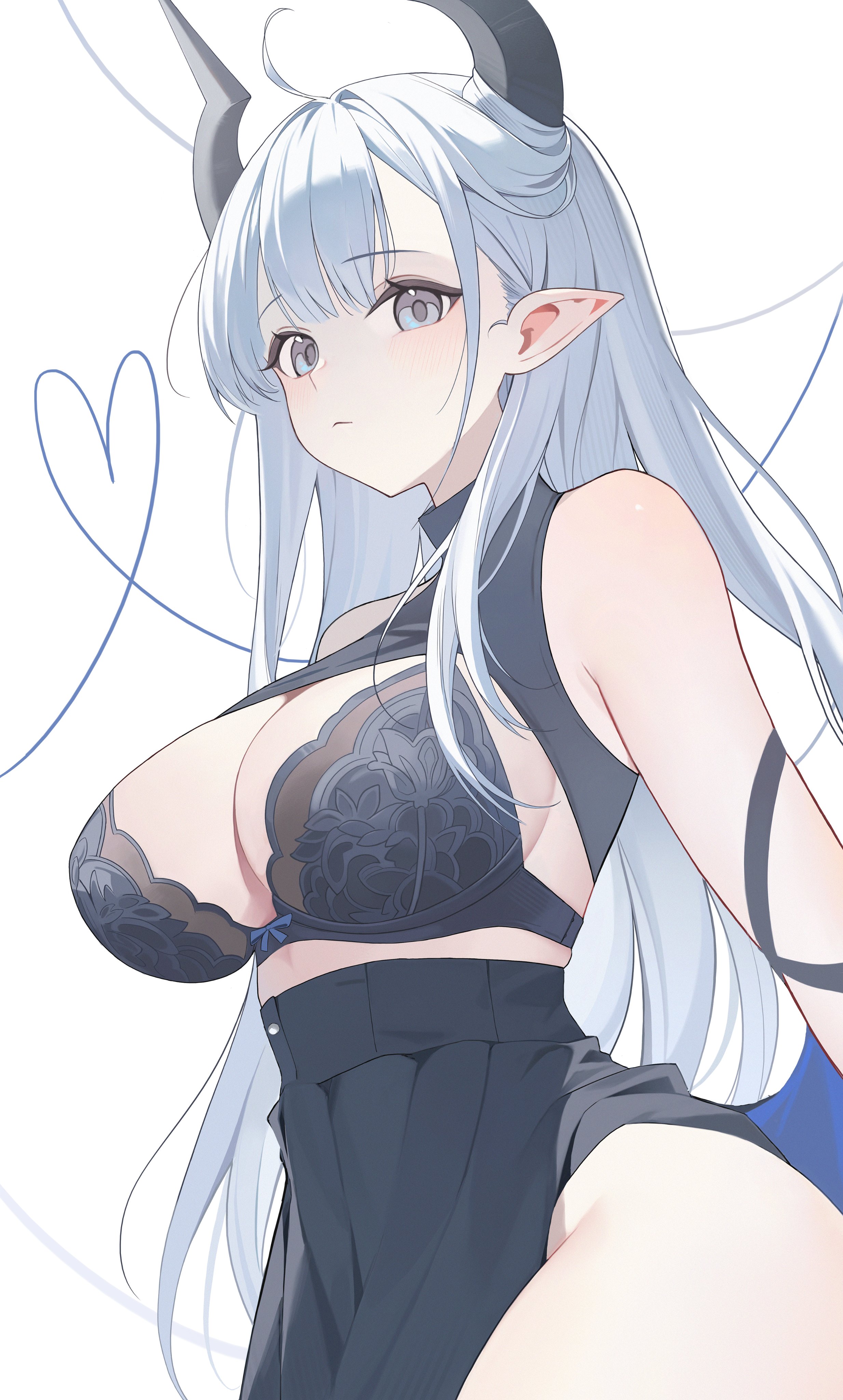 rain 525, thea (nekojira), original, absurdres, commentary, highres, symbol-only commentary, 1girl, :<, ahoge, black bra, black skirt, borrowed character, bra, breasts, cleavage, closed mouth, grey eyes, horns, large breasts, looking at viewer, pointy ears, simple background, skirt, solo, underwear, white background, white hair