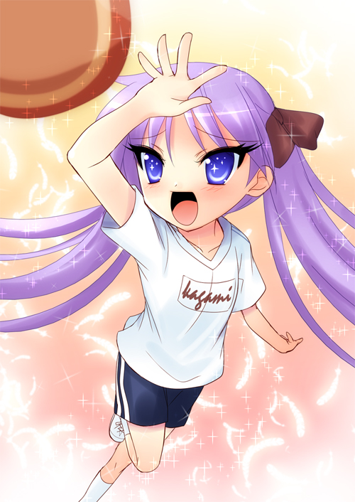 yukizuki chikuba, hiiragi kagami, lucky star, + +, 00s, 1girl, anpan, blue eyes, blue hair, female focus, food, gym uniform, matching hair/eyes, solo