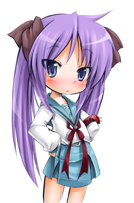 ichijou hitoshi, hiiragi kagami, lucky star, suzumiya haruhi no yuuutsu, 00s, blue eyes, blue hair, crossover, school uniform, serafuku, solo