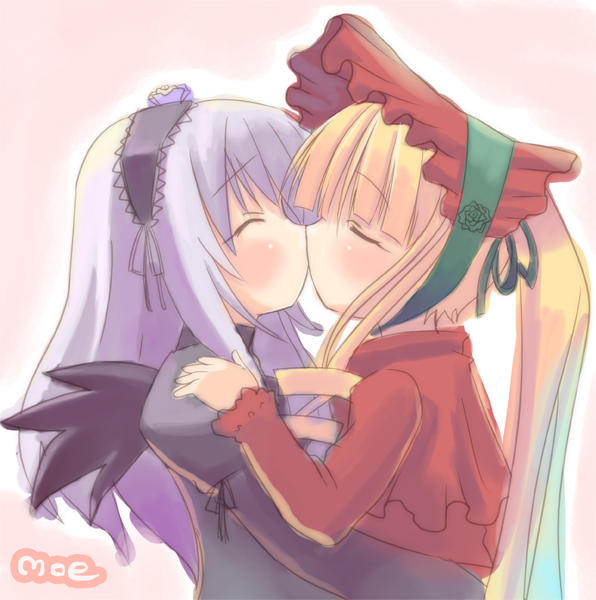 kitahara tomoe (kitahara koubou), shinku, suigintou, rozen maiden, bad id, bad pixiv id, 00s, 2girls, blonde hair, couple, hat, kiss, long hair, multiple girls, white hair, wings, yuri