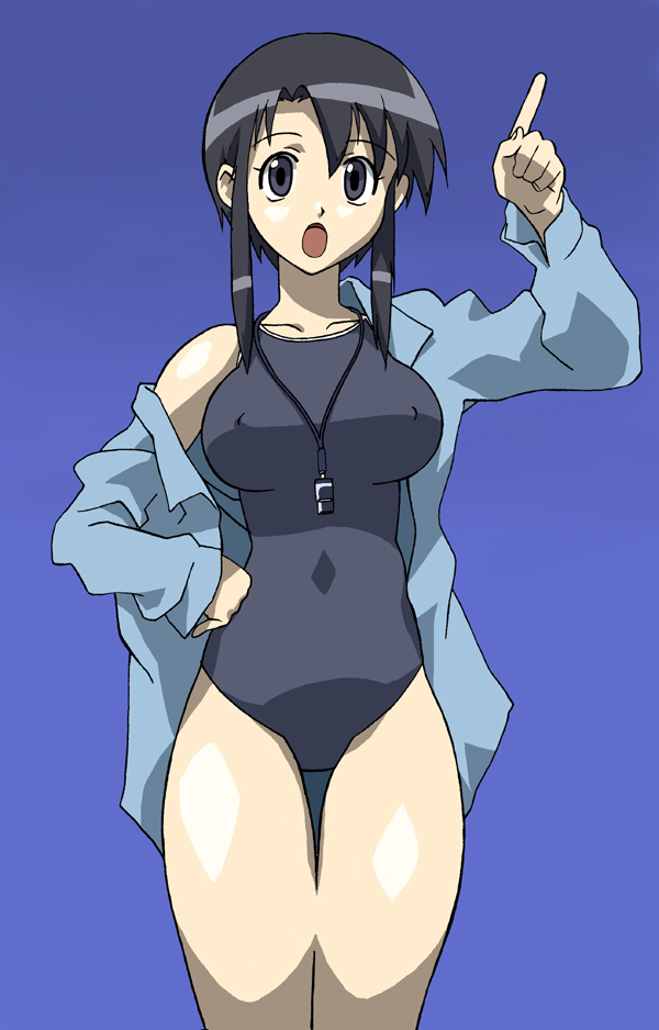 cirima, kurosawa minamo, azumanga daiou, 1girl, black eyes, black hair, breasts, covered erect nipples, female focus, jacket, large breasts, one-piece swimsuit, ponytail, solo, swimsuit, thighs, whistle