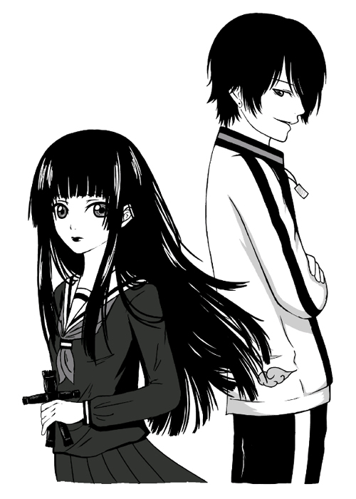 enma ai, ichimoku ren, jigoku shoujo, 00s, monochrome, school uniform, serafuku, sketch