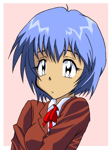 ayanami rei, neon genesis evangelion, lowres, 1girl, blue hair, female focus, school uniform, serafuku, simple background, solo